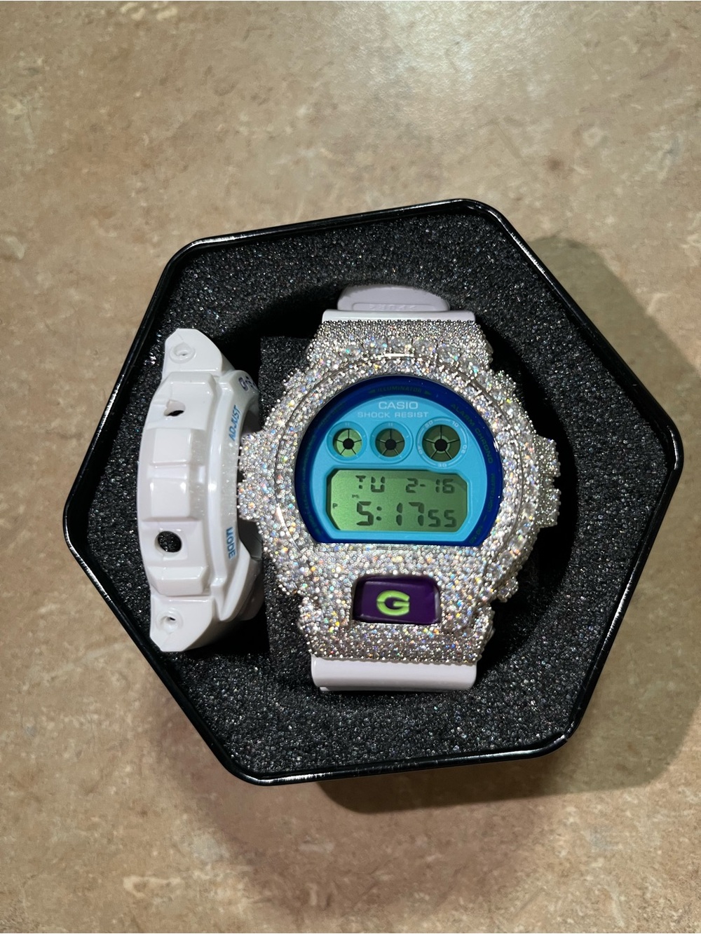 Casio White Digital G-Shock with Sparkling Crystal Bezel and Blue Dial